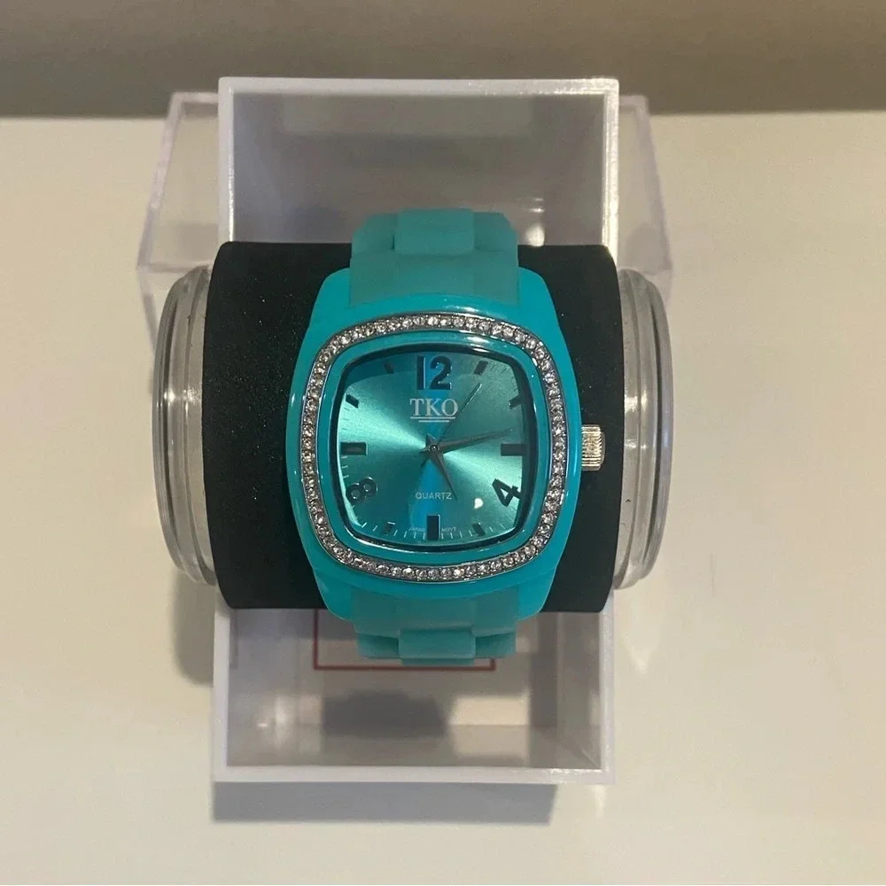 TKO Square Face Watch with‎ Silicone and Rhinestones Aqua Blue EUC